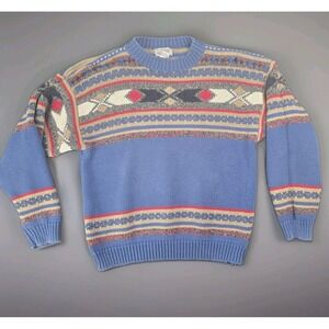 Vintage BASIC Sweater Large Blue Fair Isle Ramie Cotton Wool Hong Kong 80s 90s